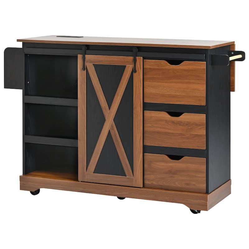 55.5" Farmhouse Kitchen Island with Drop Leaf, Barn Door Storage, Power Outlet