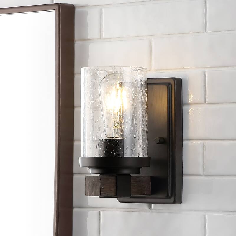 Ferme Iron/Seeded Glass Rustic Farmhouse LED Vanity Light, by JONATHAN Y - 1-Light