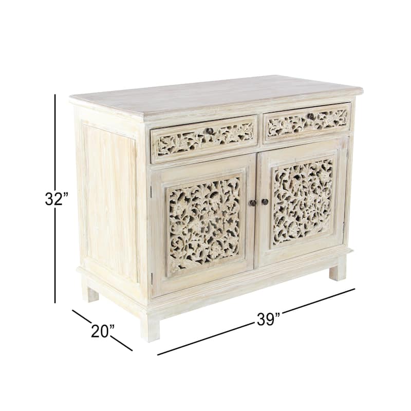 Wood Floral Intricately Carved 2 Door and 2 Drawer Cabinet - White - Roche River Decor - 20"Wx39"Lx32"H