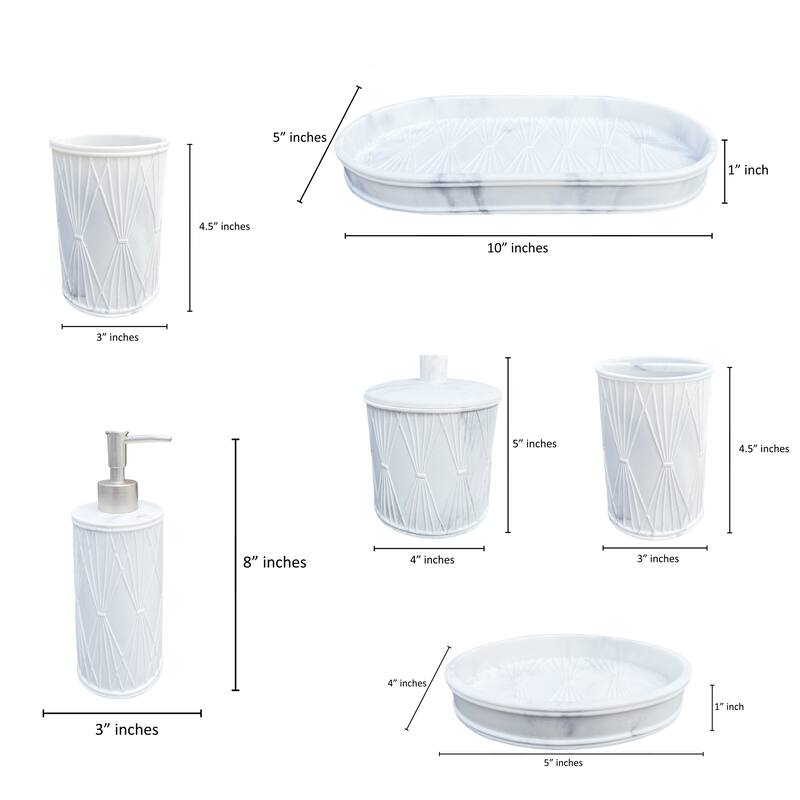 6 Piece Grey Beige White Marble Design Textured Bathroom Accessories Set - 6 Piece Set