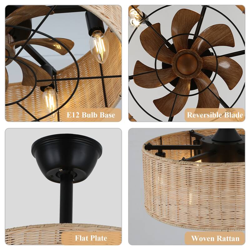 Cusp Barn 18 Inch Boho Caged Ceiling Fan, Farmhouse 6-Light Fandelier with 3 Speeds, Woven Rattan Chandelier for Bedroom