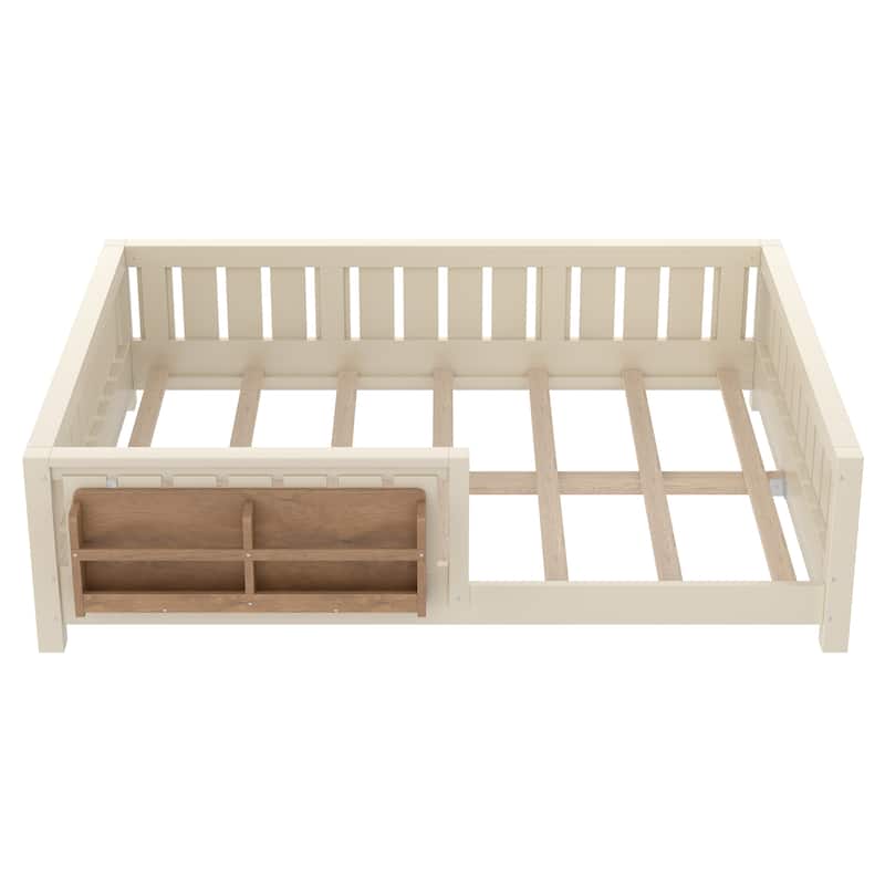 Low Profile Montessori Bed Floor Platform Bed with Fence and Bookshelf