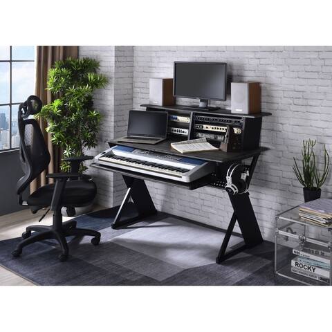 Music Desk w/Keyboard Tray & Earphone Rack in Black Finish,Industrial Style