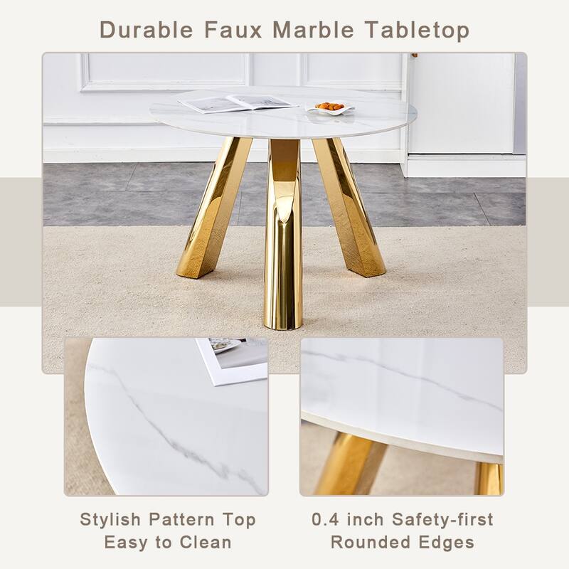 42-inch Round White Scorched Stone Dining Table with Stainless Steel Base & 4-Piece Black PU Chair Set Metal Legs