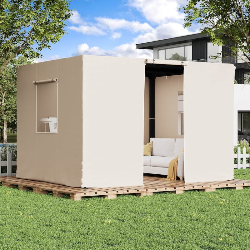 EROMMY Waterproof Pergola Winter Cover with Sidewalls, Mesh Windows and Roll-Up Door, All-Season Weather Enclosure - 10' x 12' - Beige