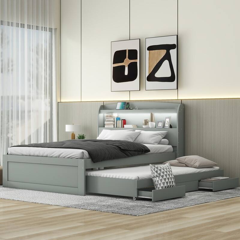 Twin/Full XL Size Platform Bed with Storage LED Headboard &Charging Station, Wood Bed Frame with Twin Size Trundle and 2 Drawers