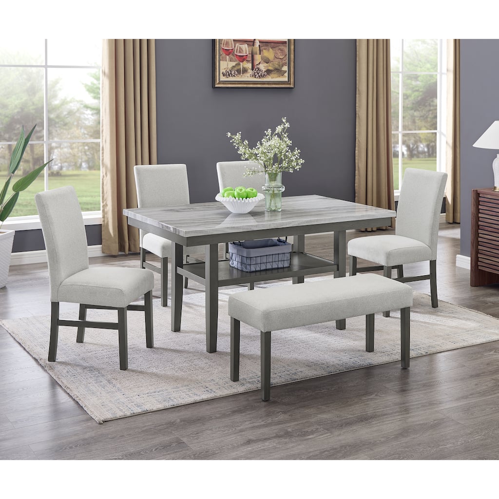 Selena 6-Piece 60" Rectangular Gray Faux Marble Dining Set with 4 Upholstered Chairs & Bench, Gray Finish