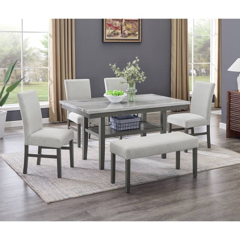 Selena 6-Piece 60" Rectangular Gray Faux Marble Dining Set with 4 Upholstered Chairs & Bench, Gray Finish