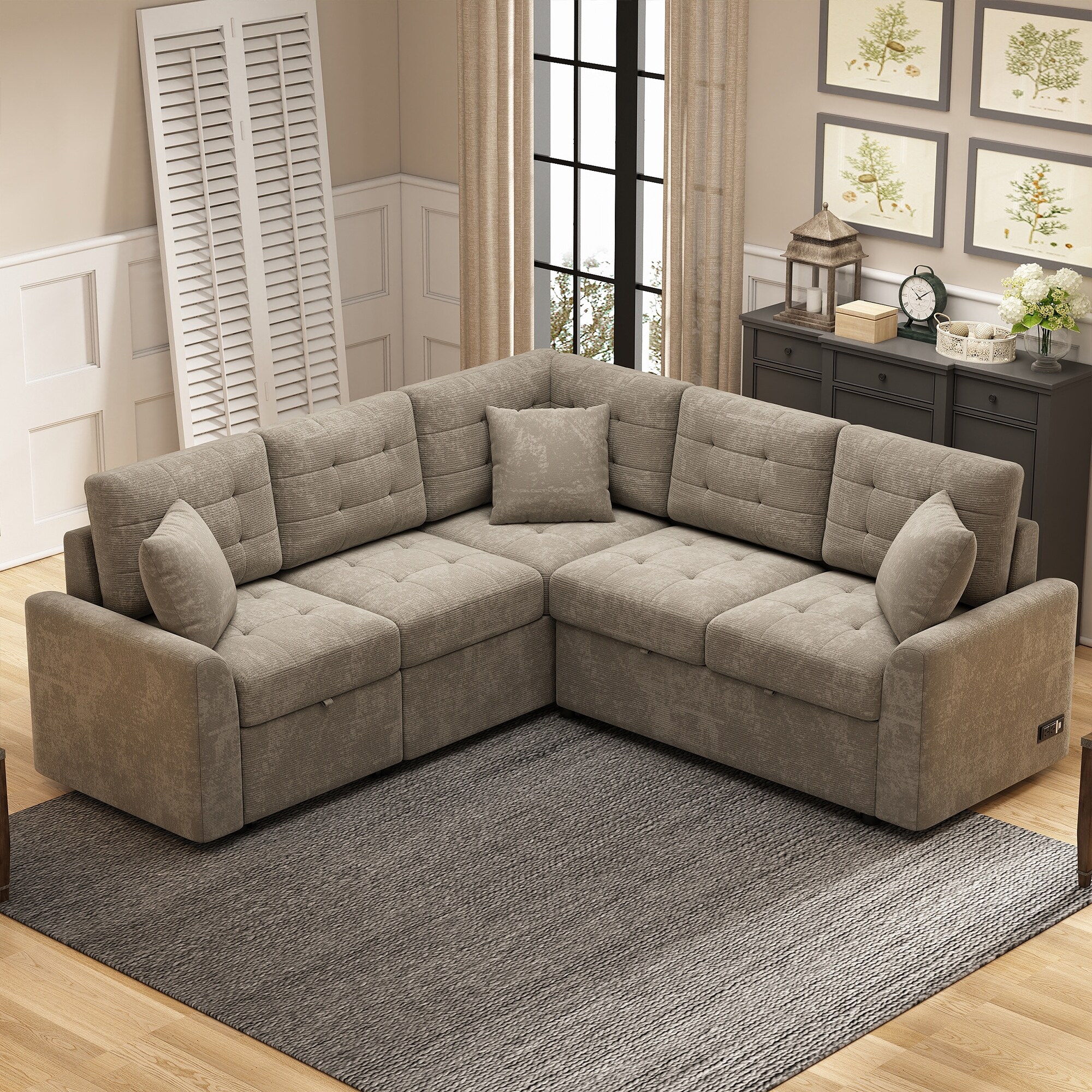 Versatile Recliner Sofa Khaki Corded Velveteen Sectional Couch L shape Pull Out Sleeper Sofa Bed w USB Ports Power Sockets On Sale Bed Bath Beyond 40882903