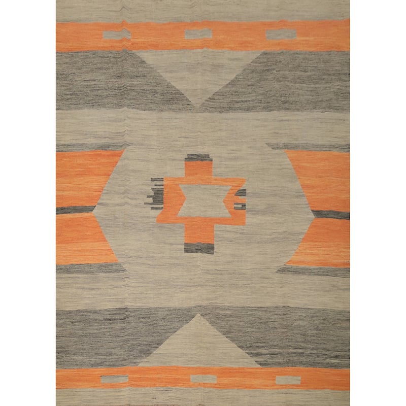 Hand Woven Oriental 100% Wool Carpet Southwestern Modern Greys & Charcoal Kilim Area Rug - 9' 7'' X 8' 4''