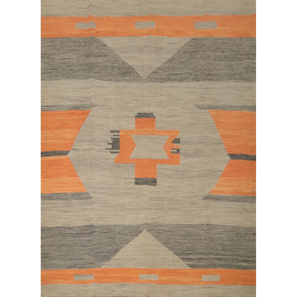 Hand Woven Oriental 100% Wool Carpet Southwestern Modern Greys & Charcoal Kilim Area Rug - 9' 7'' X 8' 4''