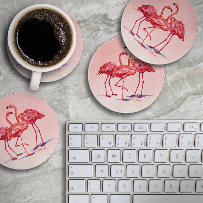 Hilo Flamingos 4 Pack Absorbent Stone Coasters with Protective Cork Backing Made in The USA Absorbent Easily Wipes Clean
