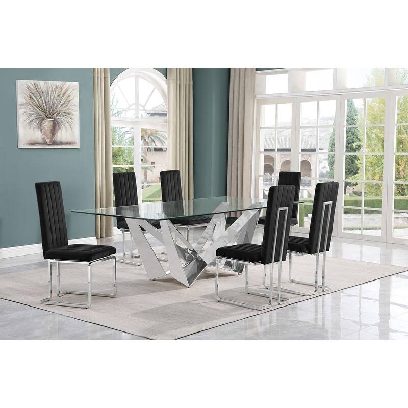 Best Quality Furniture D402/3-SC340-7 Dining Set with 94" 15mm Glass with Bevel - Black / Silver - 7-Piece