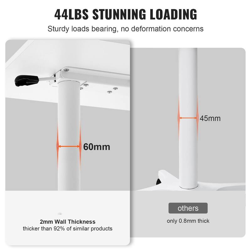 White Steel Mobile Standing Desk, Height Adjustable, Rolling and 44 lbs Load Capacity
