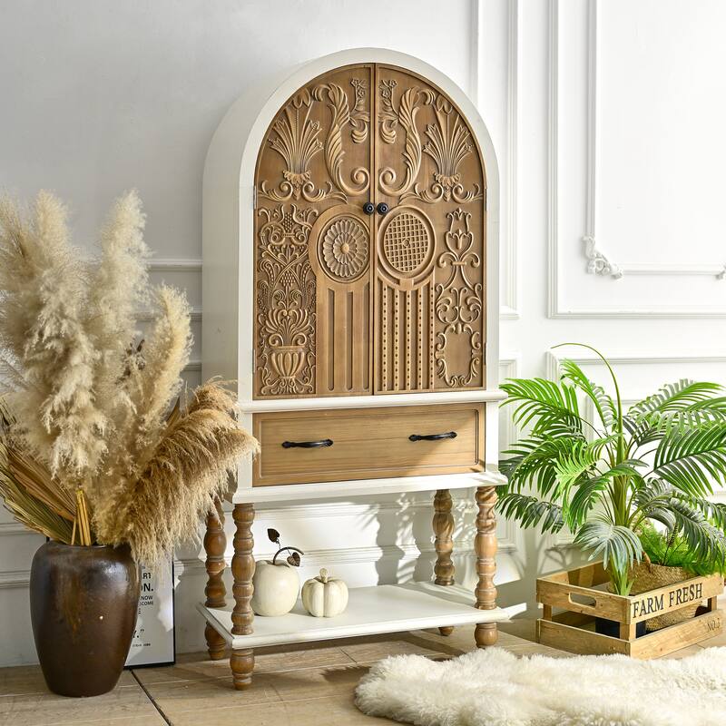 GDFStudio Lysandra Arched Flower Fir Wood Cabinet with Drawer and Carved Door