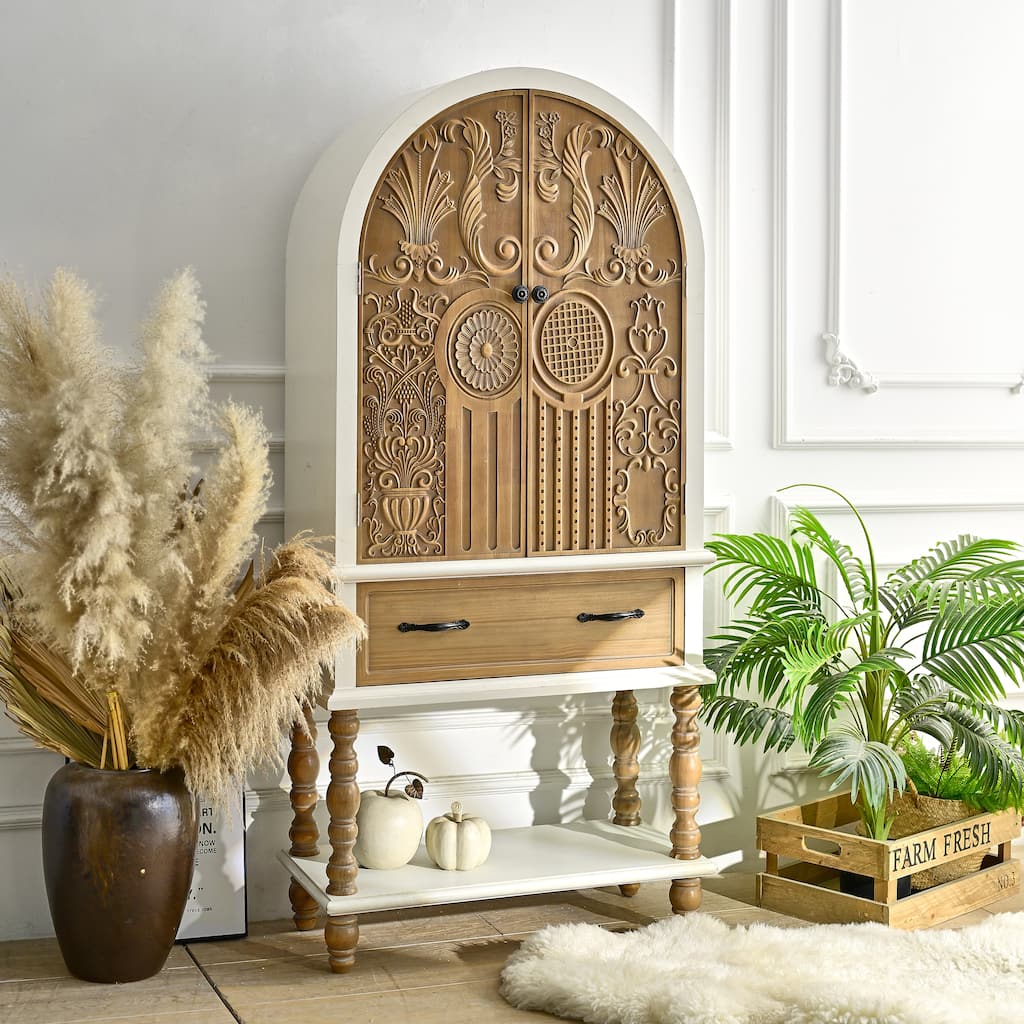 Wooden 67.13"H Sideboard Cabinet with Arched Flower Carvings and Storage Drawer for Kitchen or Dining Room