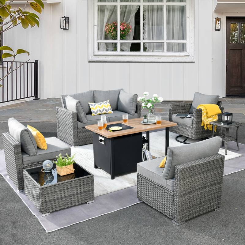 HOOOWOOO 8-piece Grey Wicker Outdoor Patio Furniture Sectional Set with Fire Pit - Dark Grey