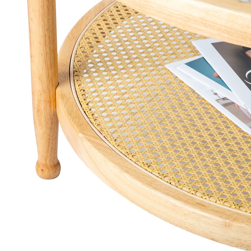 31.5in Rattan Coffee Table with Tempered Glass Top and Hand-Woven Shelf for Indoor Outdoor - 31.5” x 31.5” x 17.3”