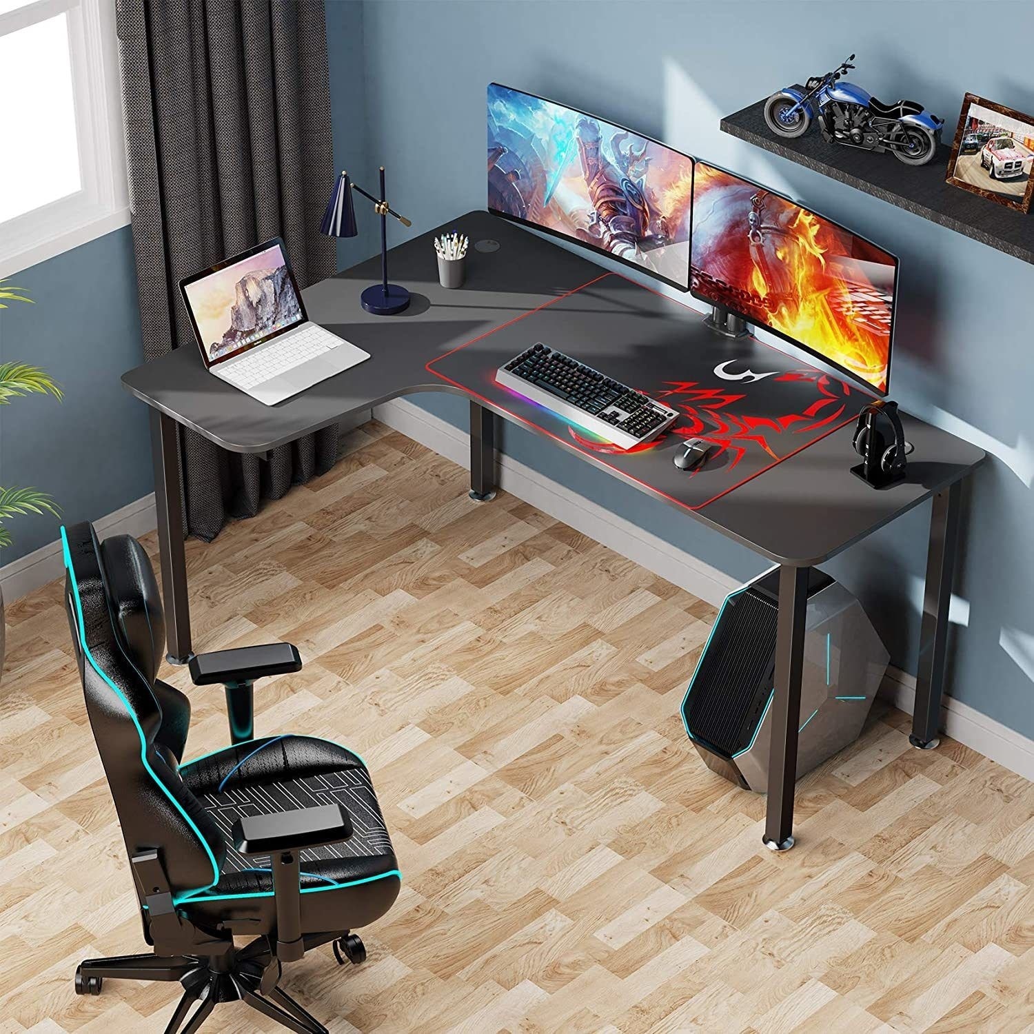 61 Black Computer Gaming Desk L-Shaped Corner Computer Table Writing PC Laptop Table Workstation Widen Space Office Home Gaming Desk Multi-Function