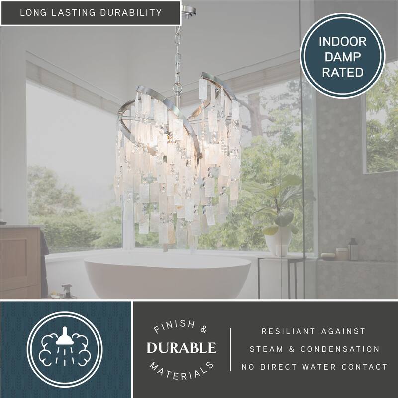 Isabel 4L Satin Nickel Coastal Glam Pendant Chandelier Light with Capiz Shells and Crystal - 16-in W x 20.5-in H x 16-in D