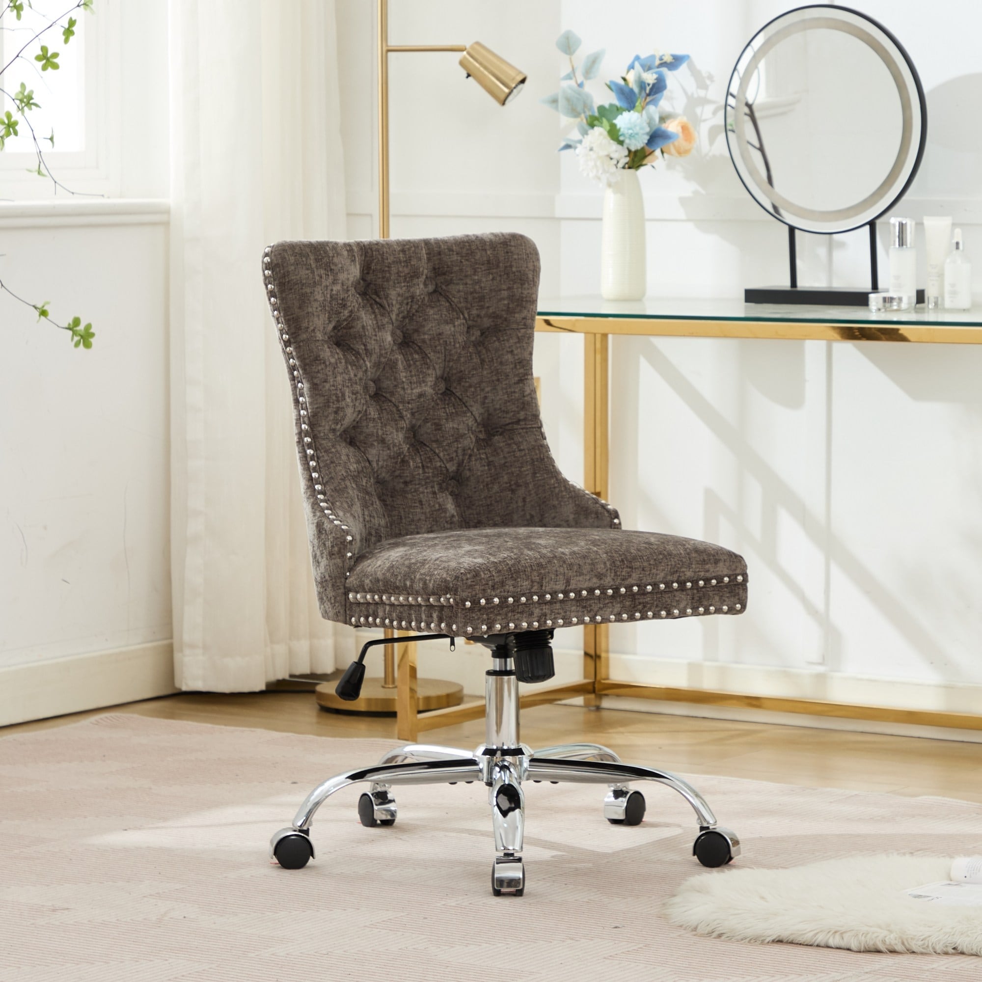 GDFStudio - Modern Chenille Tufted Upholstered Office Chair with Chrome Metal Base with Nailhead Trim and High-Rebound Cushion