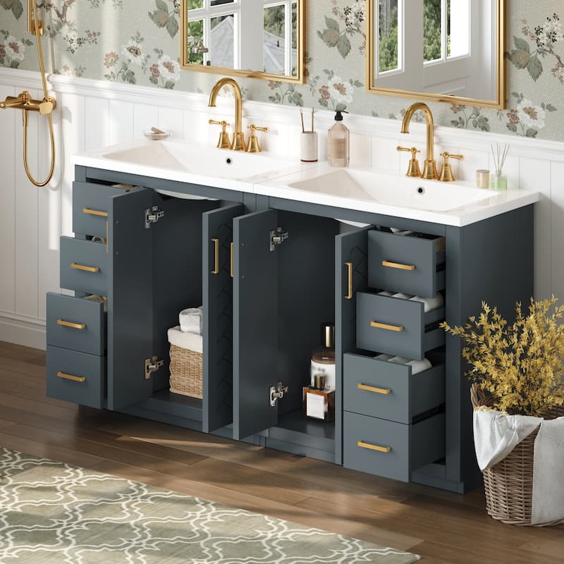 Roomfitters 60" Bathroom Vanity with Ceramic Sink, Solid Wood Freestanding Cabinet with Drawers & Soft-Close Doors - Blue