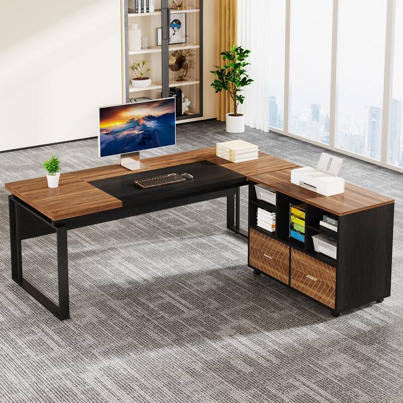 63" L-Shaped Executive Desk with Reversible File Cabinet Office Desk with Storage Drawers - Brown+Black