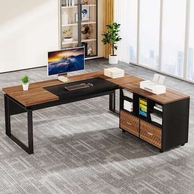 63" L-Shaped Executive Desk with Reversible File Cabinet Office Desk with Storage Drawers
