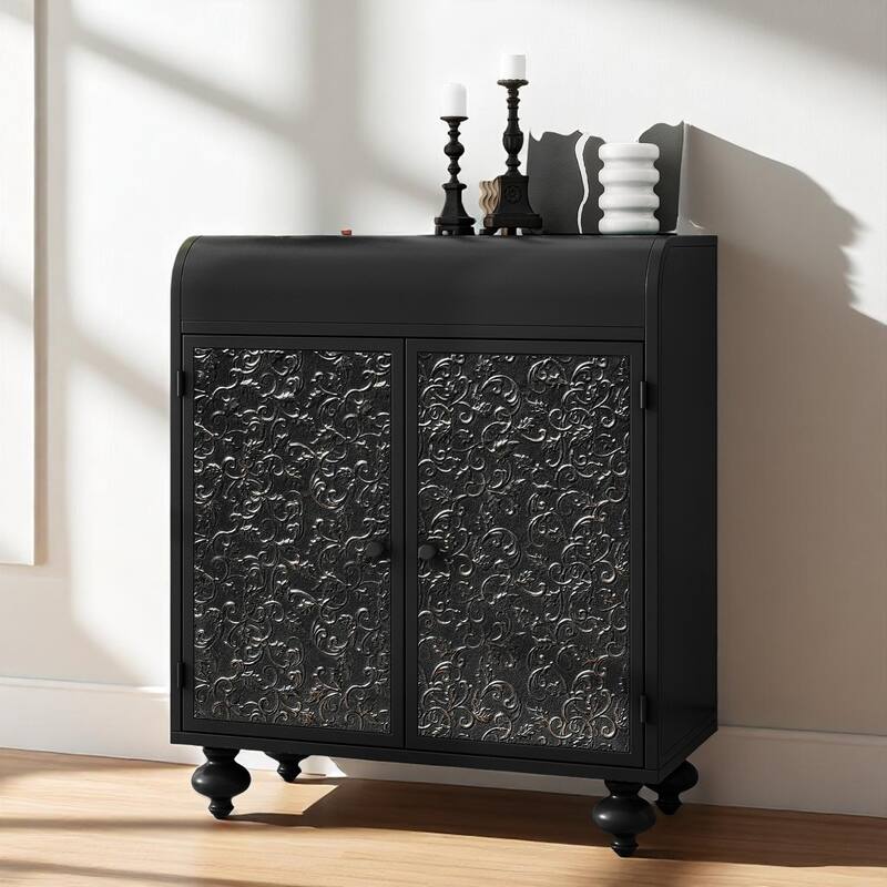 Decorative Metal Accent Cabinet with Embossed Doors, Distressed Black Finish, Entryway Storage Sideboard - Antique Black