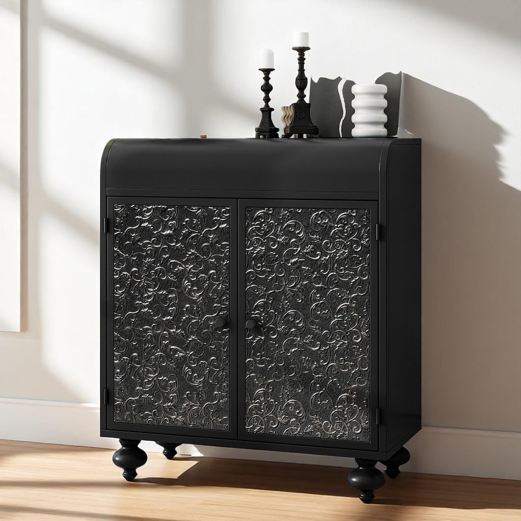 Decorative Metal Accent Cabinet with Embossed Doors, Distressed Black Finish, Entryway Storage Sideboard