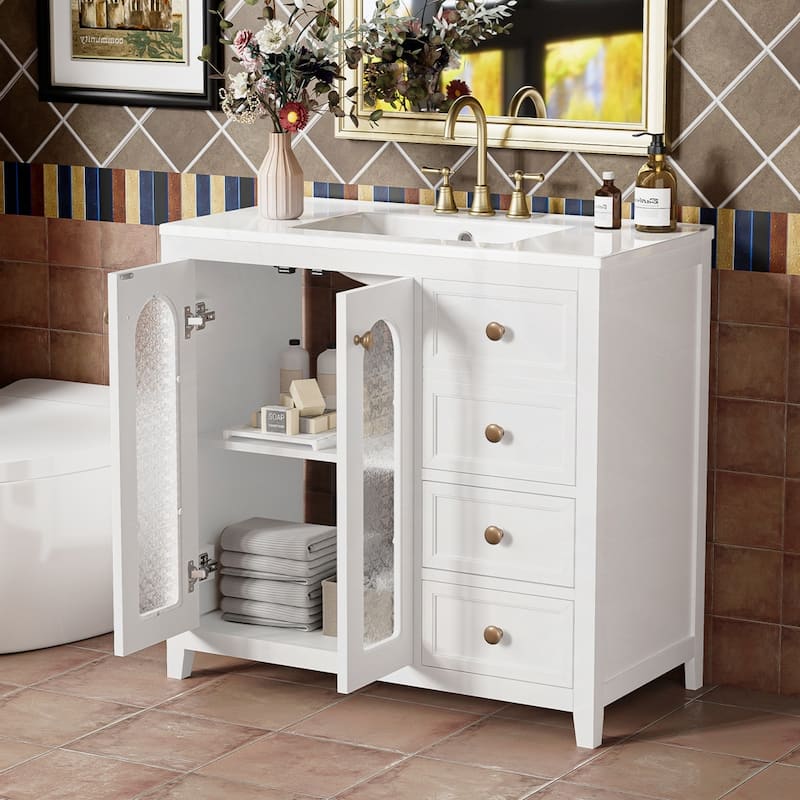 bathroom vanity with two soft close doors and adjustable shelves