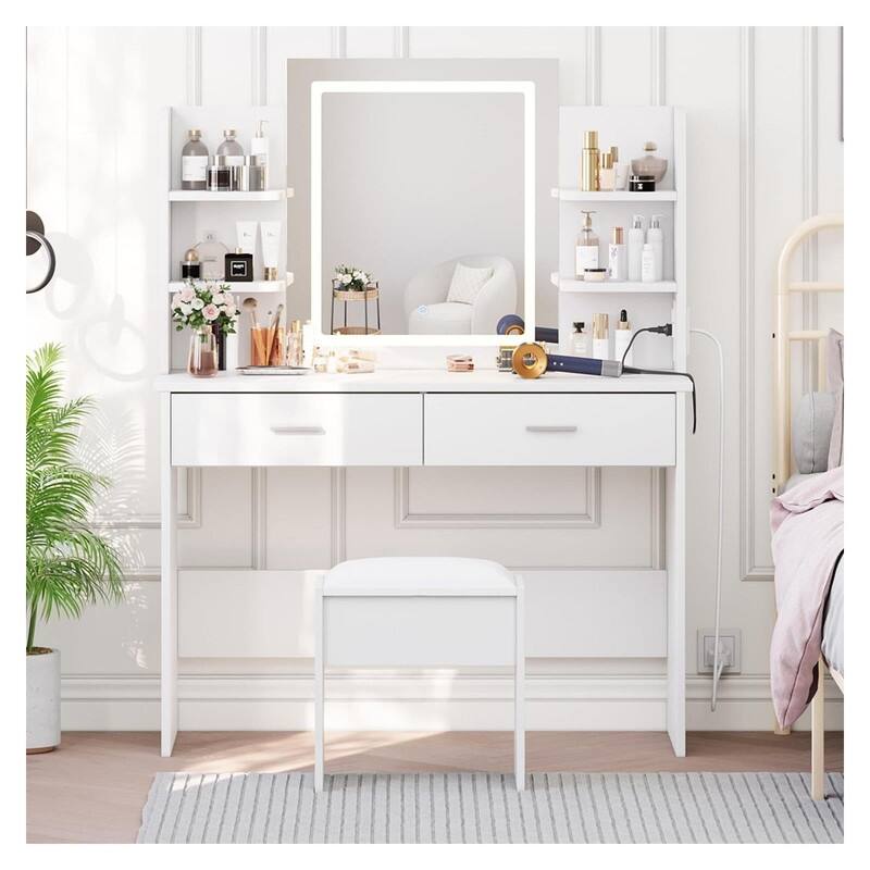 Makeup Vanity Set with Mirror, Stool， Charging Station， 2 Drawers, 6 Shelves
