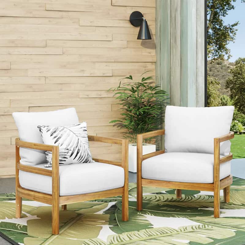 Roomfitters Outdoor Acacia Wood Patio Club Chair with Waterproof Cushions, Teak Finish, Deep Seating for Porch, Balcony, White