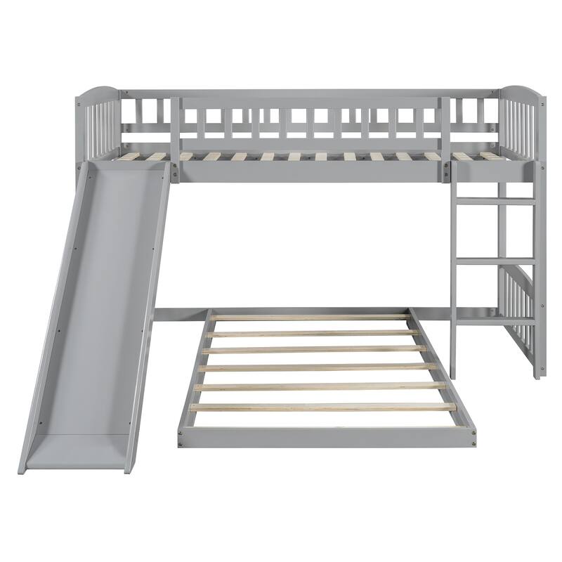 Twin Over Twin Solid Wood Bunk Bed with Slide and Ladder, Gray Pine Wood and MDF Frame Bed