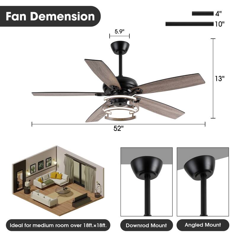 52" Farmhouse Matte Black Reversible Integrated LED Dimmable Reversible Ceiling Fan with Light and Remote