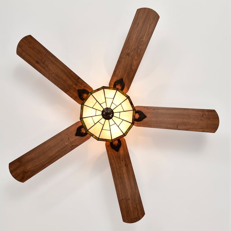 Margno 52-Inch Flushmount Lighted Ceiling Fan Jewel Cut Design Tiffany Glass Lamp Black Finish