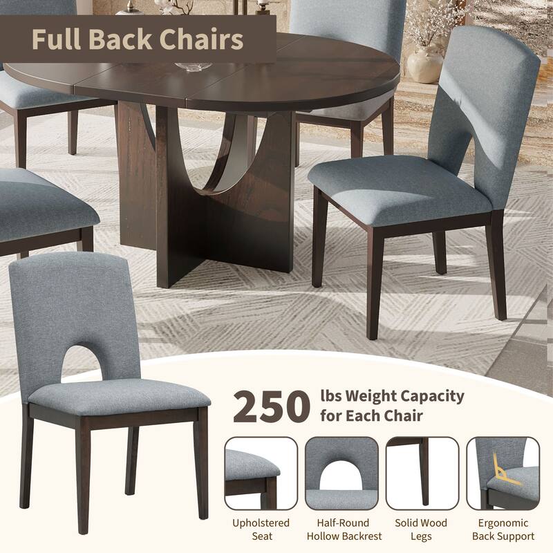 Elegant Round Dining Table with Extendable Table, Coffee Bar Table and Chair Set with Four Upholstered Chairs