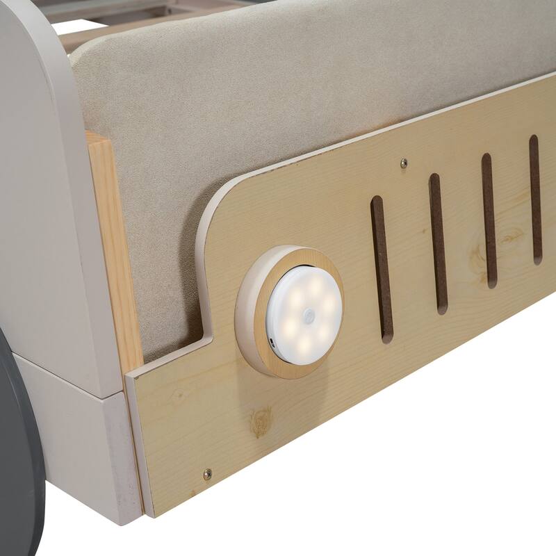 Wood Twin Size Car Bed with Pillow, Ceiling Cloth and LED