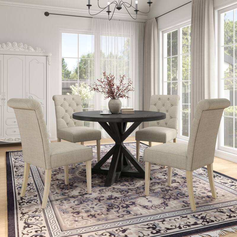 Contemporary 5-Piece Dining Set with Round Table and Button-Tufted Chairs - Solid Wood Construction for Lasting Durability