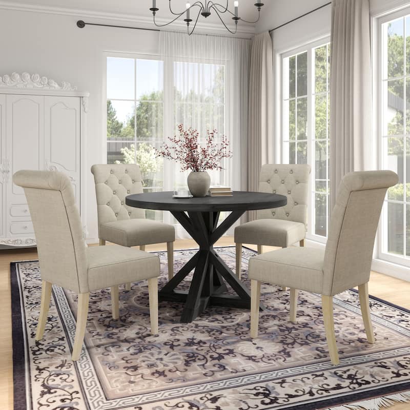 Roundhill Furniture Banff 5-Piece Round Dining Set, Cross-Buck Round Table with 4 Tufted Chairs - Tan