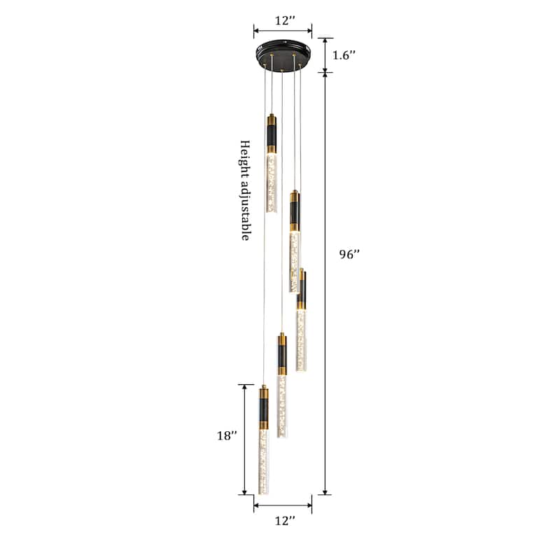 CraftHome 5-Light Modern Linear Seeded Bubble Glass Integrated LED Dimmable Pendant Light In Matte Black For Dining Room