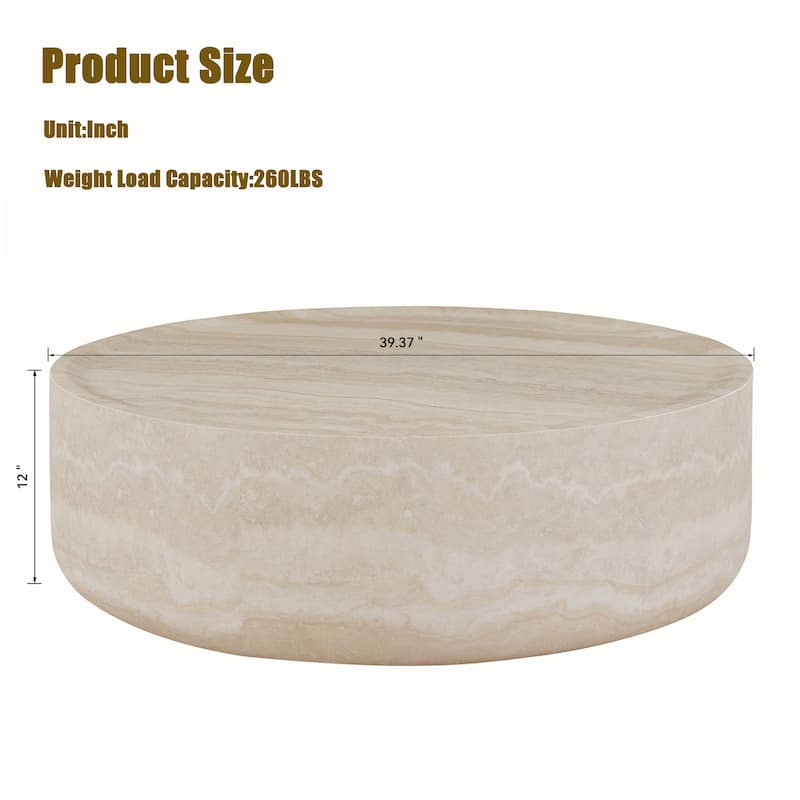 Modern Textured Faux Travertine Round Coffee Table No Need Assembly.