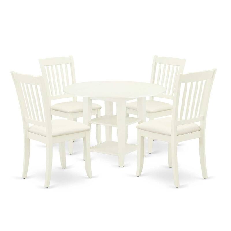 HomeStock 5-Pc Linen White Finish Solid Wood Top - Round Dining Room Set with Dropleaf - Seats 4