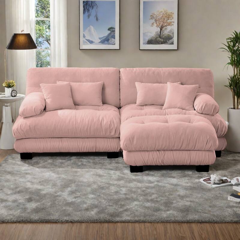 94.4" 2-Seater Chenille Cloud Couch with 4 Pillows and Convertible Ottoman - Pink