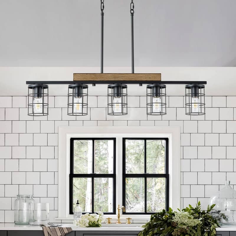 Modern Industrial 5 Light Black Iron Pendant Light Faux Wood Grain Ceiling Fixture