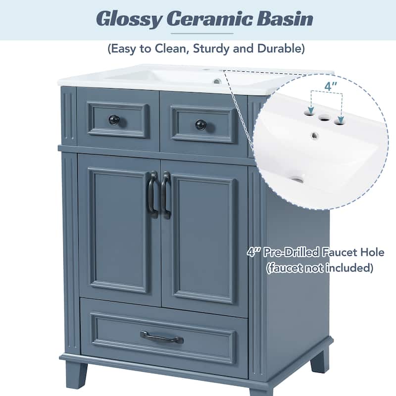 24 Inch Bathroom Vanity with Ceramic Sink, Solid Wood Frame, Soft Close Doors and Drawer, Retro Bathroom Cabinet