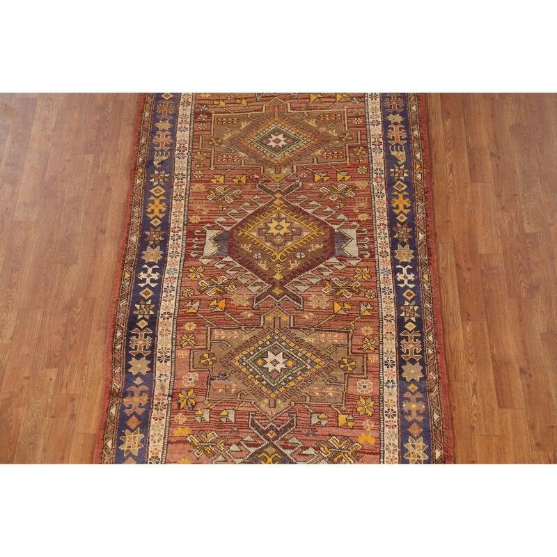 Hand Knotted Oriental 100% Wool Carpet Traditional Geometric Oranges & Rust Heriz Runner Rug - 12' 11'' X 3' 9''