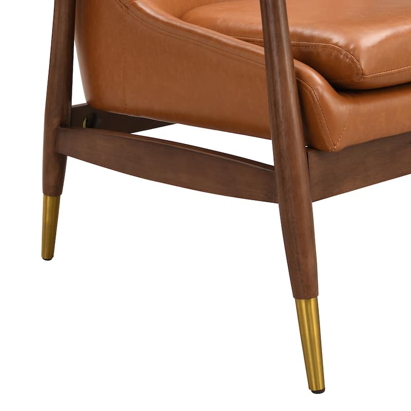 29.2" Mid-Century Faux Leather Accent Chair with Cushioned Seat, Solid Wood Frame, and Brass-Tipped Legs