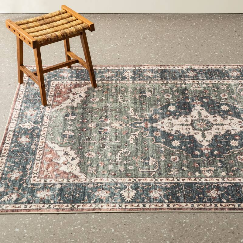 Glitzhome Machine Washable Boho Floral Medallion Area Rugs 5' x 8'