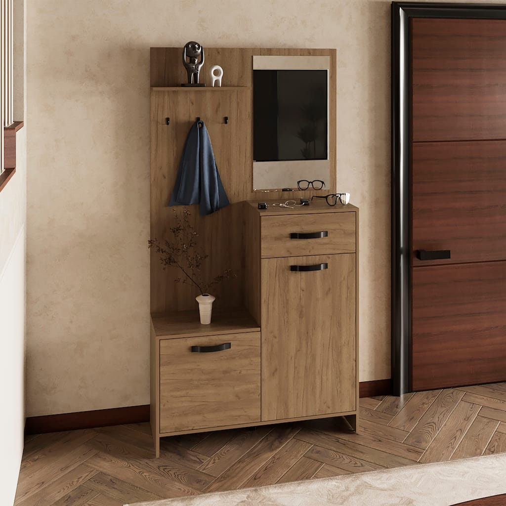 75" Tall Mirrored Hall Tree with Hangers, Shelves, Cabinets, and Drawer - Perfect Entryway Console Table in Light Oak